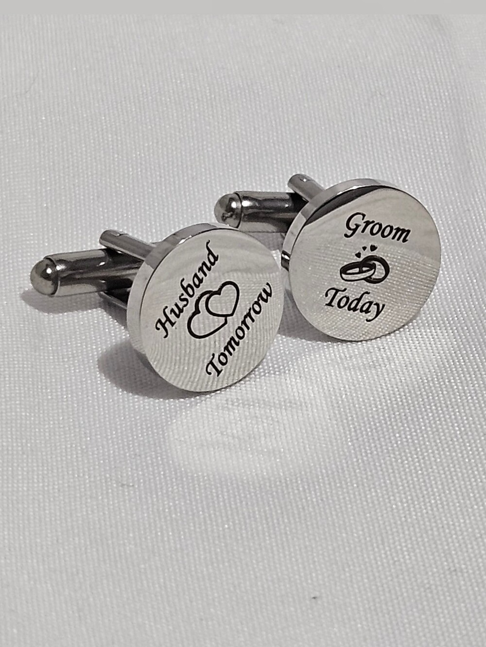Source Unknown Silver Engraved "Groom Today / Husband Tomorrow" Cufflinks